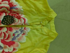 Yellow Embroidered Mandarin Collar Blouse