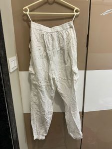 Chic White Embroidered Cargo Pants