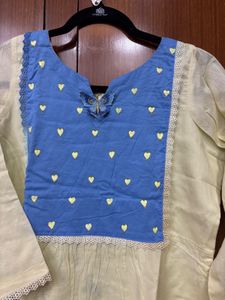 Stylish Cream &amp; Blue Cotton Kurta hand painted