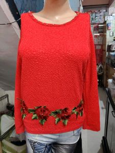 Red Cold Shoulder Embellished Top