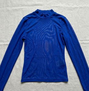 Blue Mesh Mock Neck Long Sleeve Top