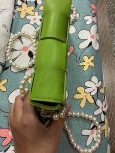 Vibrant Green Woven Clutch Bag with Pearl Strap