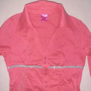 🤍 Chic Coral Embellished Button-Up Blouse