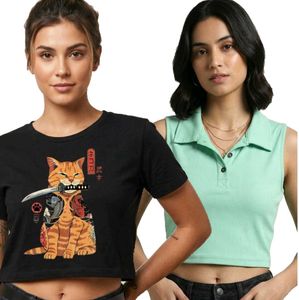 COMBO OF 2:  Green + Katana cat anime Crop Top