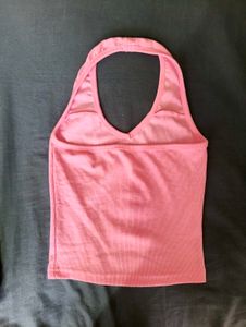 Pink Ribbed Halter Neck Crop Top