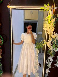 Elegant White Puff Sleeve Midi Dress