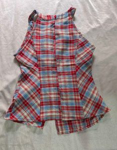 red and blue plaid halter top with asymmetrical