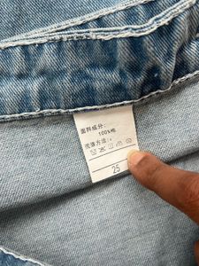 Denim Skirt with Striped Hem