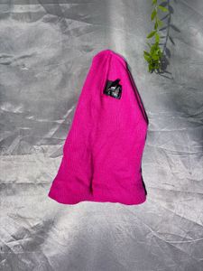 Pink Beanie Hat with Croissant Patch