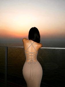Tie Up Backless Midi Dress with High Slit