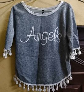Chic "Angels" Graphic Tunic Top with Tassel Trim