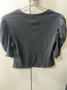 Black Ribbed Puff Sleeve Top
