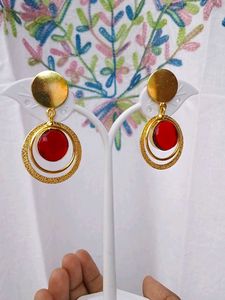 Gold Tone Red Stone Hoop Earrings