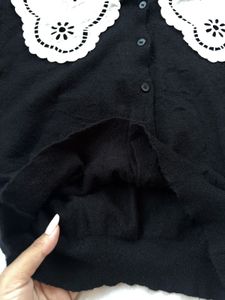 Black Cardigan with White Embroidered Collar