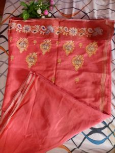 Elegant Coral Saree with Floral Embroidery