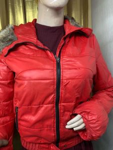 Red Puffer Jacket with Fur Trim