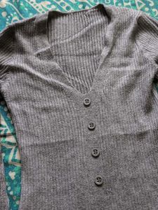Grey Ribbed Button-Up Cardigan Dress