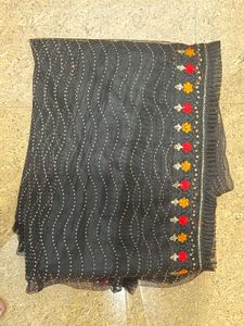 Embroidered Black Net saree with blouse