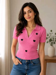 savana Pink Heart Knit Polo Top