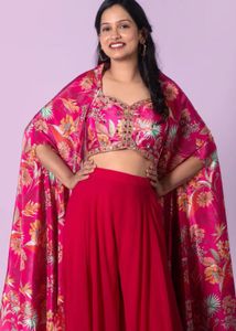 Dark pink printed silk jacket style plazzo suit