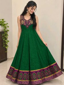 Green Anarkali Gown with Embellished Neckline