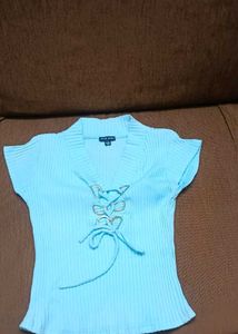 Light Blue Lace-Up V-Neck Top