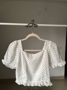 White Polka Dot Puff Sleeve Crop Top