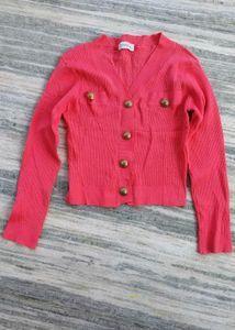 Vintage Cardigan - Coral Knit Korean with gold