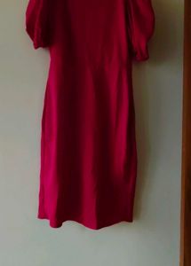Vibrant Pink V-Neck Puff Sleeve Dress