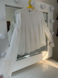 White Smocked Bishop Sleeve Top