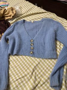 Blue Fuzzy Cropped Cardigan