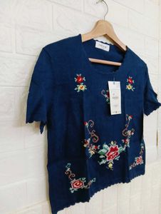 Blue Embroidered Crop Top