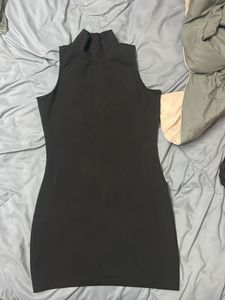 Sleek Black Sleeveless Mock Neck Dress