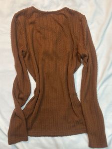Brown Long Sleeve Lace-Up Top