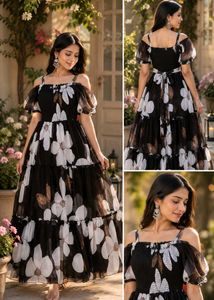 Black floral cold shoulder maxi dress