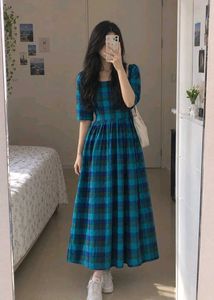 Blue Plaid Midi Dress