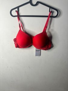 Vibrant Red Lace Trim Bra