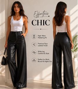 Stylish Black Faux Leather Wide Leg Pants