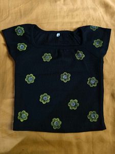 Black Ribbed Top with Flower Appliques