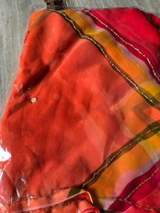 Vibrant Orange &amp; Red Geometrical Print Saree