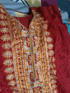 red emdiored kurti