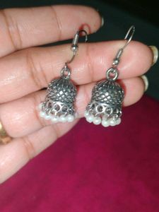 Oxidized Jhumka Earrings with Pearls