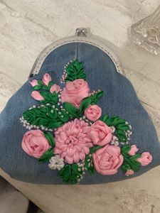 Denim Clutch with Floral Embroidery