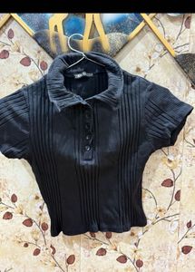 Ribbed Polo Neck Crop Top