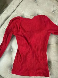 Red Ribbed Long Sleeve Top