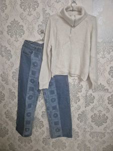 Cozy Knit Sweater and Patchwork Jeans Set