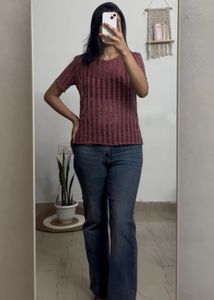 zara Maroon Striped Mesh Top
