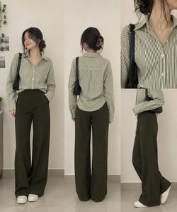 Striped Shirt & Black Wide-Leg Pants Set