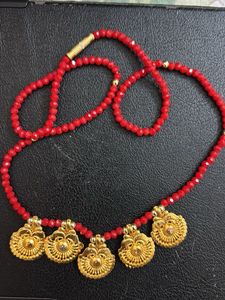 Red Beaded Necklace with Gold Pendants
