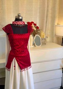 Elegant Red Kurta Set with White Skirt